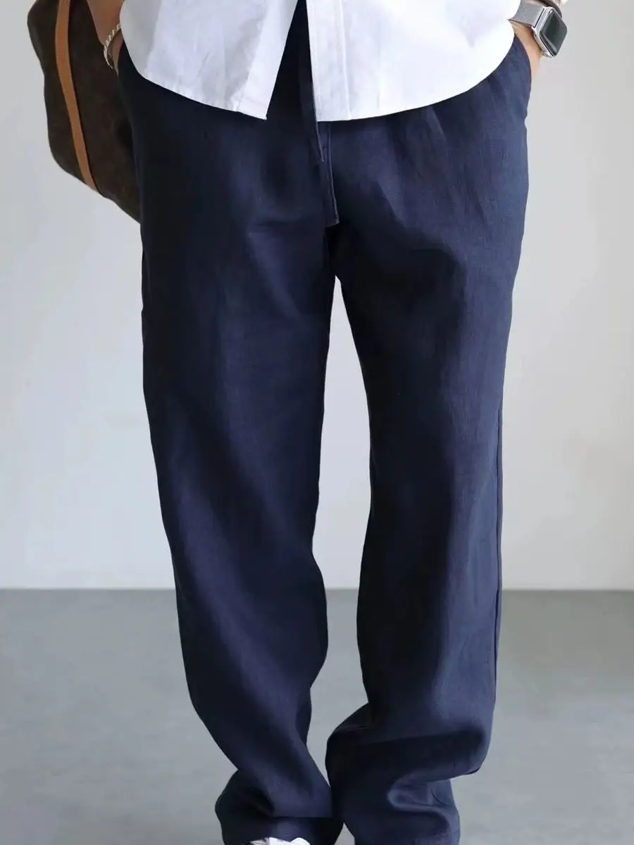 Natural Fiber King Linen Wide Leg Casual Pants Elastic Moisture Wicking Breathable Commute Men's Loose Fit Straight Leg Jeans