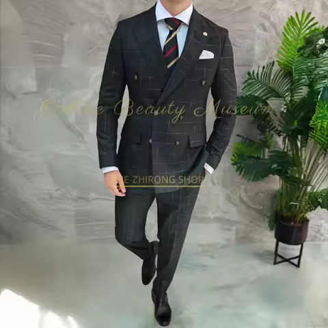 Premium men's costume 2-piece set black grid double-breasted jacket pants tailored suit for wedding groomen summer dinner party