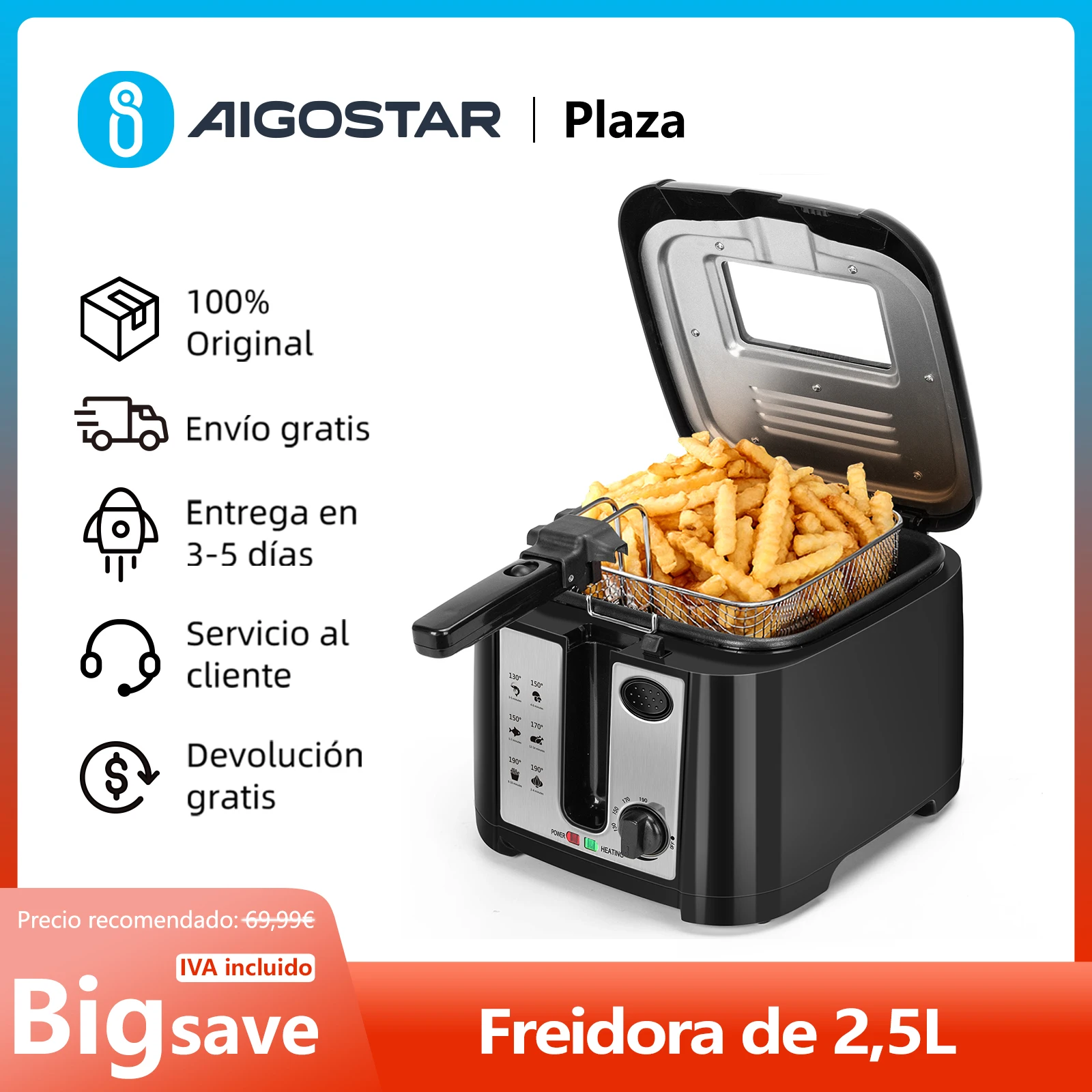 Freidora 2.5L con Ventana, Bol Antiadherente y Control Temperatura 🍟