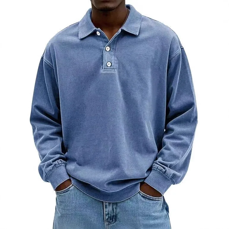 Polo oversize vintage primaverili da uomo T-shirt casual da lavoro a maniche lunghe tinta unita Top eleganti con risvolto tinta unita