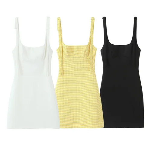 Nuevo vestido a cuadros para mujer, elegante vestido de fiesta a cuadros amarillo con tirantes y lazo, vestidos cortos informales sexis ajustados para verano