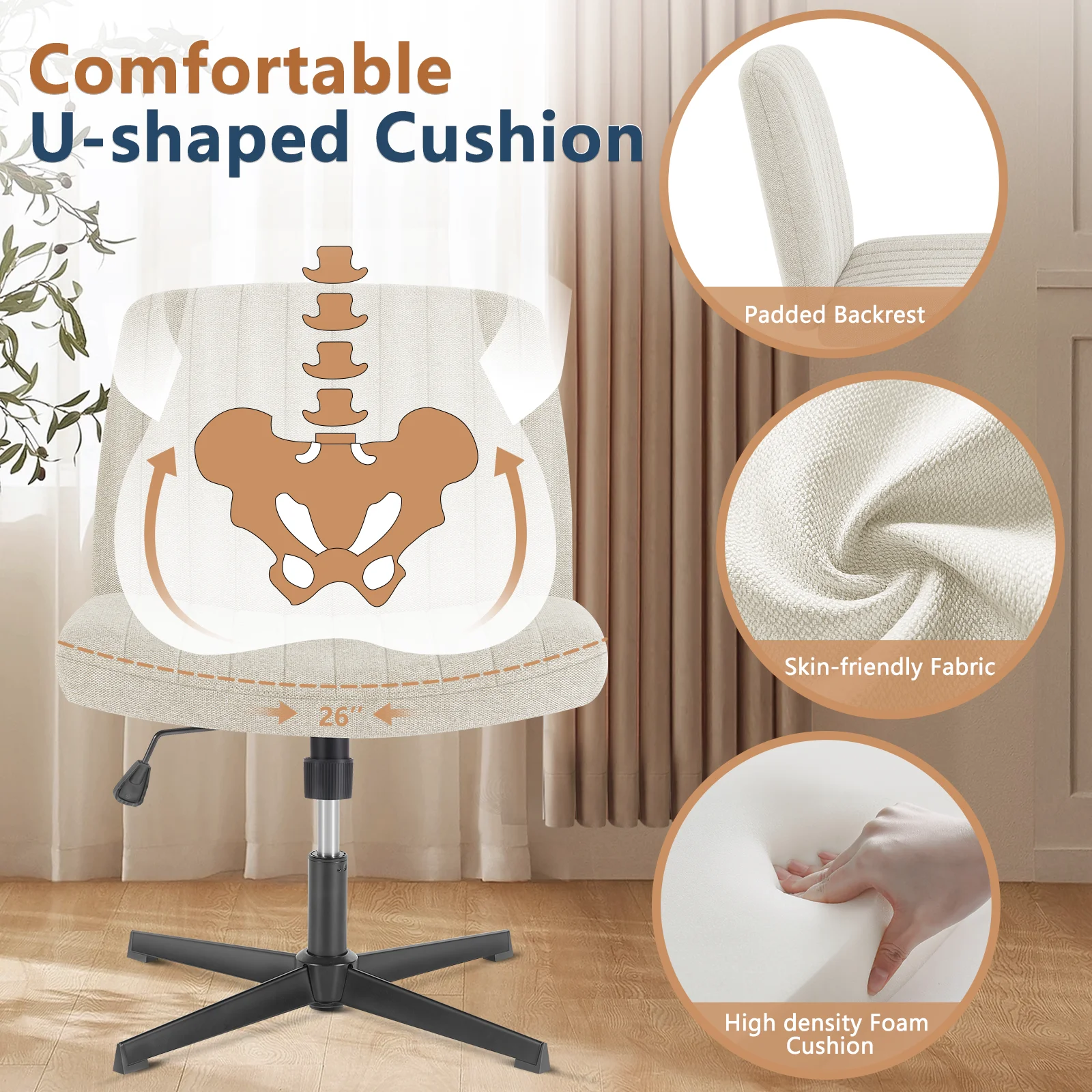 JHK Cross Legged Office Living Room Rocking Gaming Chair Armless Wide Desk Adjustable Swivel Fabric