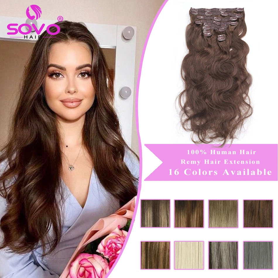 SOVO Licht Braun Wellenförmige Clip in Haar Extensions Doppel Schuss 120g 160g Körper Welle Remy Clip in Echt menschliches Haar Extensions Vollen Kopf