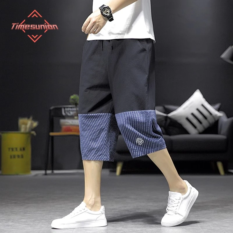 

Stripe Splicing Chinese Style Men's Summer Pants Cotton Linen Pants for Men Comfortable and Breathable Calf-length Pants