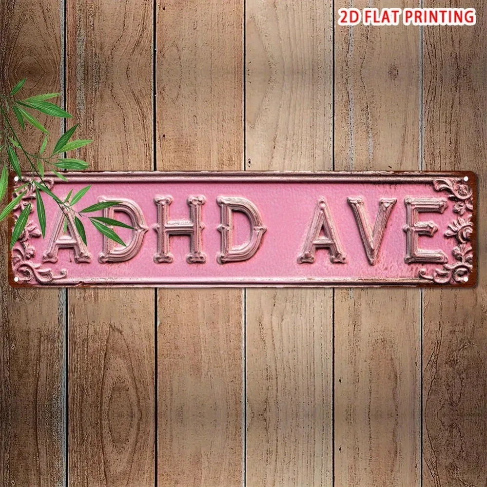 „Vintage „ADHD AVE“ Retro-Metallblechschild – rosa 2D-Flachwanddekoration für Rockzone, Bar, Garage und mehr |   Niedlicher Urlaub und Zuhause
