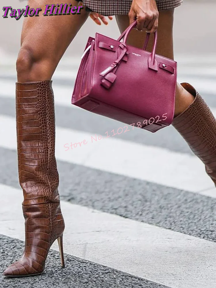 British Style Boots Crocodile Print Knee-High Office Lady Pointed Toe Pull On Fashion Stiletto Women Autumn Winter Plus Size