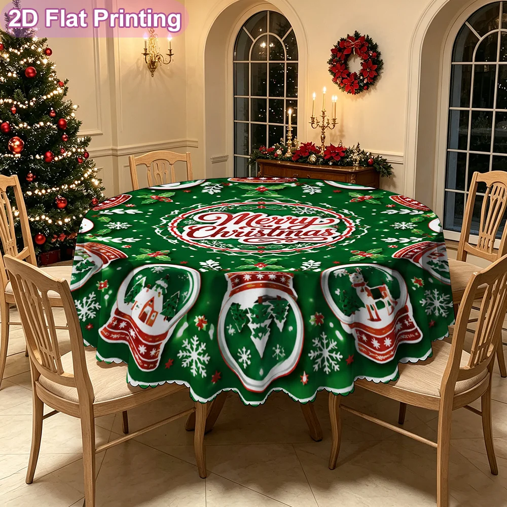 2D flat 1 piece tablecloth, Merry Christmas snowball pattern plate