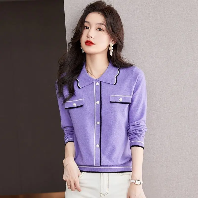 Fashion Lapel Knitted Spliced Button Korean Blouses Women\'s Clothing 2023 Autumn Winter Loose Commuter Tops Casual Shirts