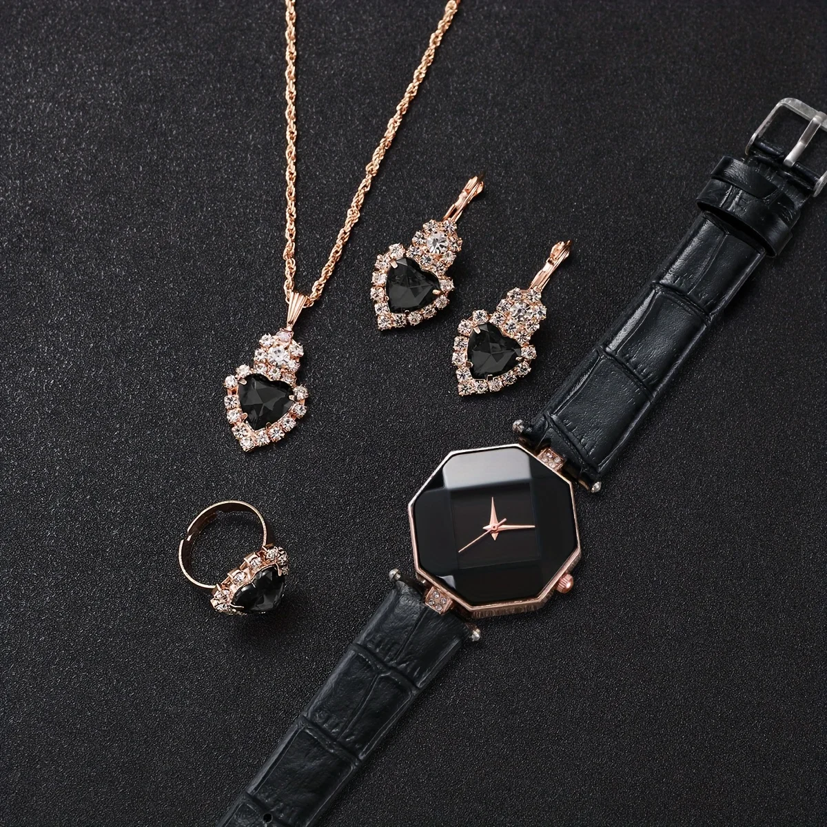 여성용 캐주얼 다각형 포인터 쿼츠 시계, 아날로그 PU 가죽 손목 시계 및 쥬얼리 세트, 엄마에게 선물, 5 개/세트