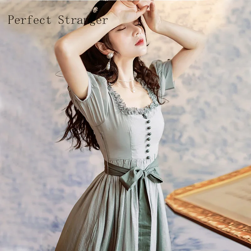 2021 Summer New Arrival Vintage Hot Sale French Style Square Collar Short Sleeve Women Cotton Linen Long Dress