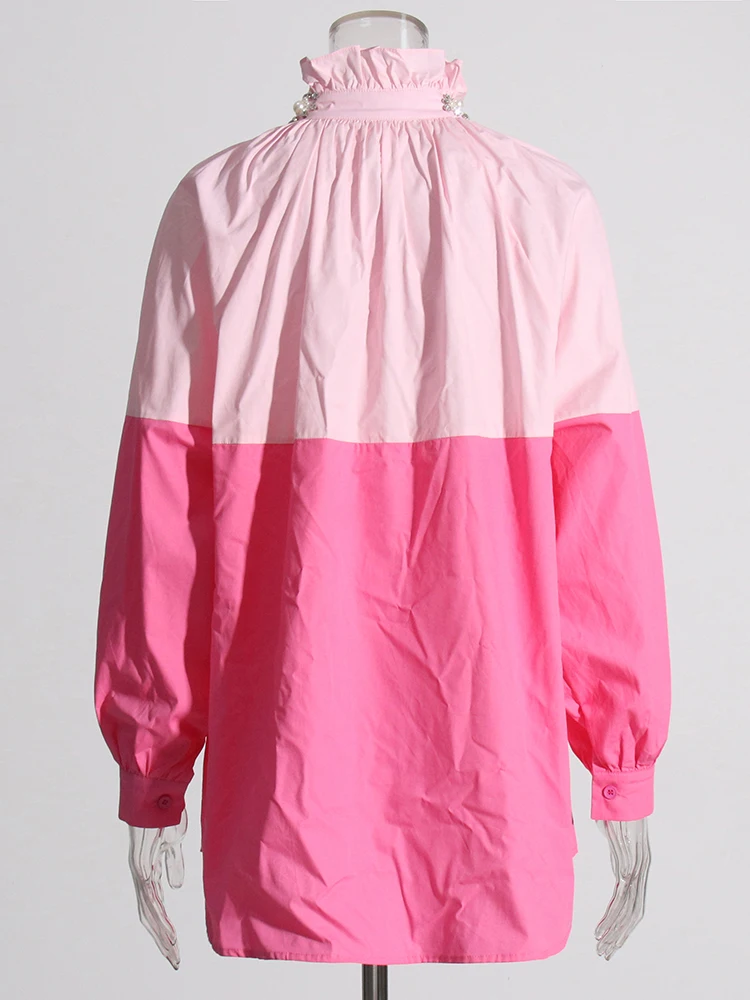 เสื้อเบลาส์ลำลองสำหรับผู้หญิงประดับคอตั้งเพชรปะต่อหลากสีเสื้อผู้หญิงทรงหลวมกระดุมแถวเดียว