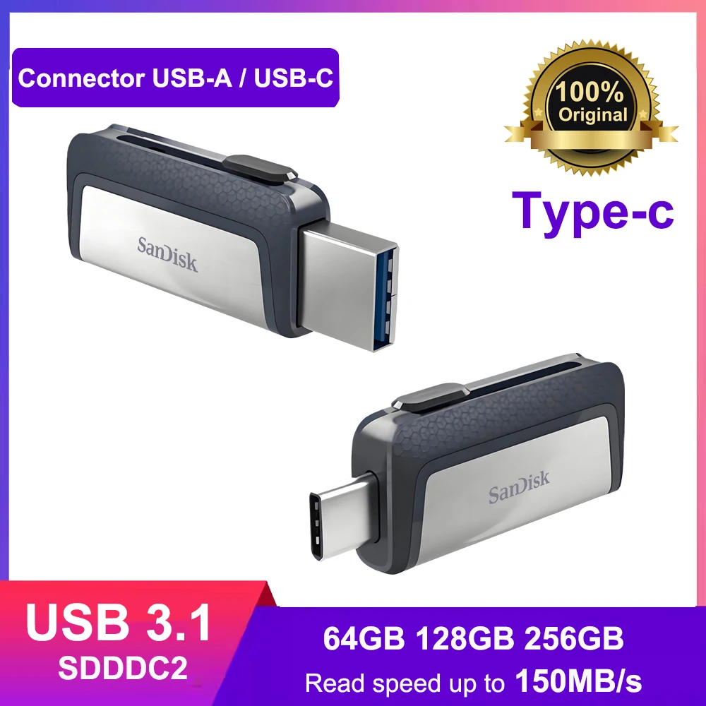 محرك أقراص سانديسك الترا المزدوج USB Type-c SDDDC2 64GB 128GB 256GB شديد السرعة المزدوج OTG USB3.1 محرك فلاش محرك القلم حتى 150 ميجابايت #1