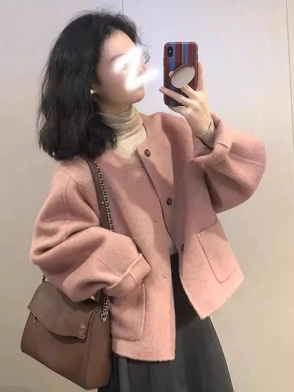 

Short Pink Woolen Coat Women's Autumn Winter Fashion High-End Feeling Small Size Coat Long Sleeve Top for plus Size Women