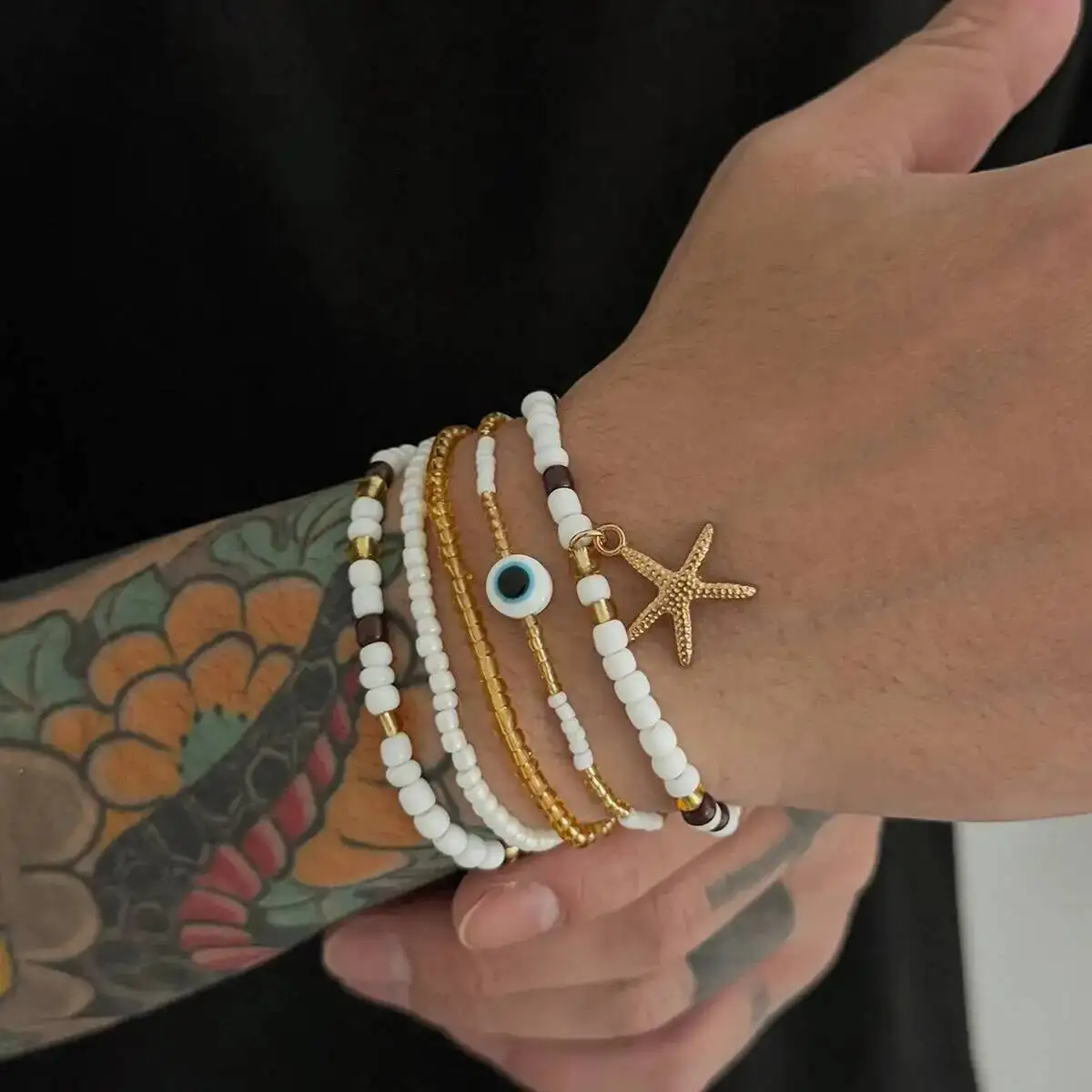 SHIXIN 5Pcs/Set Summer Beach Beaded Elastic Multilayer Bracelets Woman Boho Metal Starfish Charm Pendant Bangles Fashion Jewelry