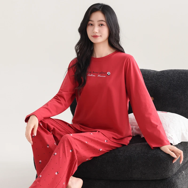 Spring and Autumn Women Knited Cotton Long Sleeve Pajamas Set Female Solid Pijamas With Chest Pad