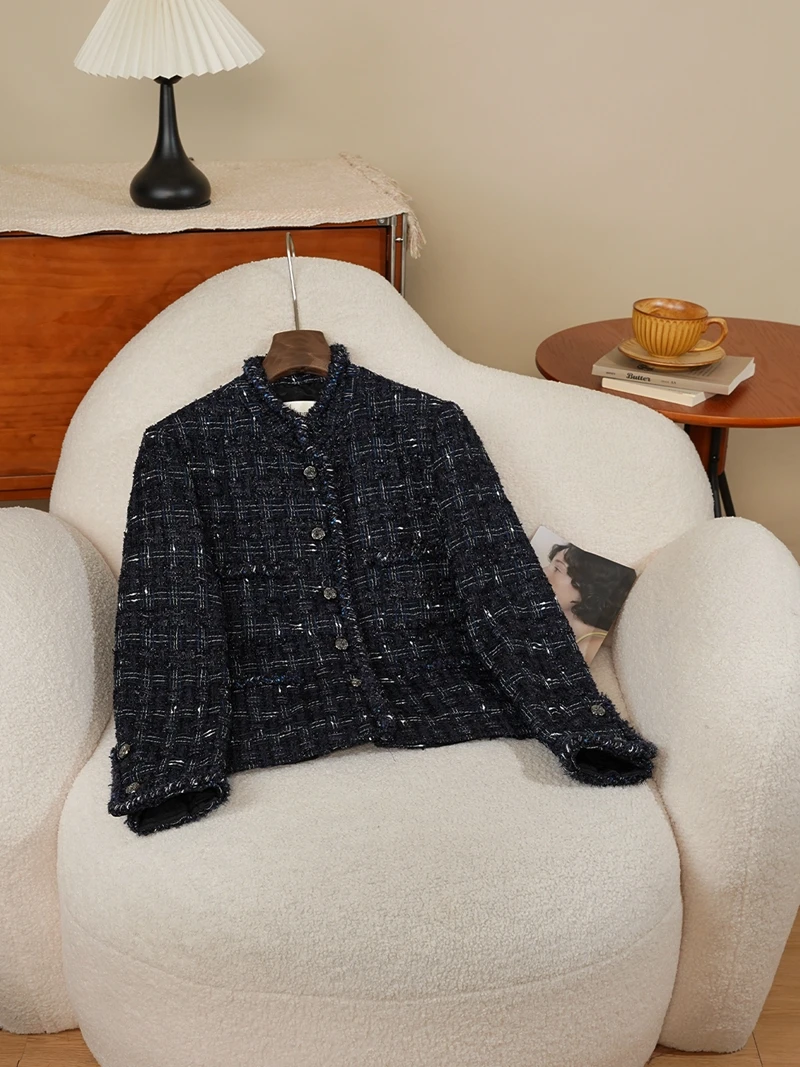 

Retro Stand Collar Woolen Coat with Bright Tead Women's Outerwear Autumn Stand Fit Commute Sle Floing Woolen Fabric