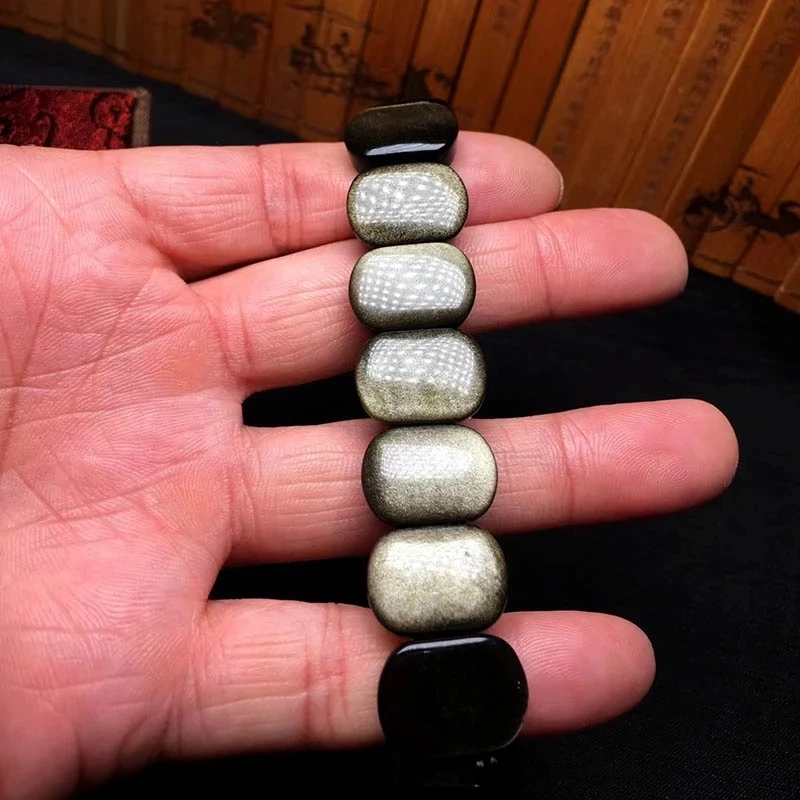 Natural Gold Obsidian Hand Wrist Bangle Rectangle Fashion Jewelry Amulet Stretch Bracelets For Men/Women
