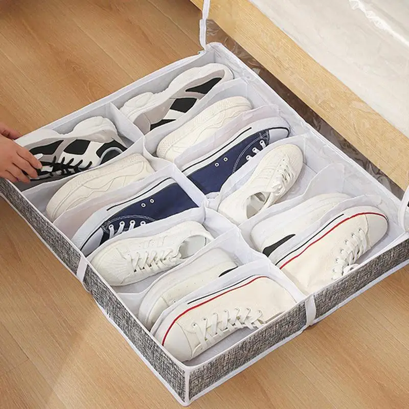 Foldable Under Bed Shoe Storage Organizer Dustproof Non Woven Storage Box with Clear Window Space Saving Shoes Organizer