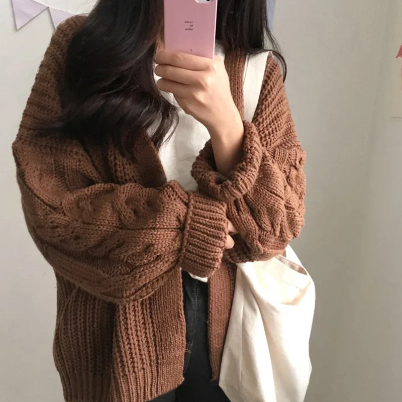 Oversized Knit Sweater Brown  Autumn Winter New Women Korean Fashion Sweet Long Sleeve Twisted Knitted Coat Sweater Cardigan