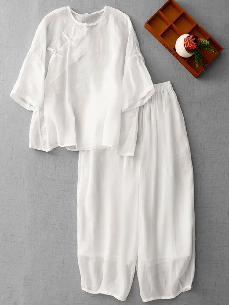 Nuevo Conjunto de Verano de Estilo Zen Chino para Mujer, Traje de Algodón y Lino, Pantalones Anchos de Doble Capa Blancos, Cuello de Solapa, Manga Corta