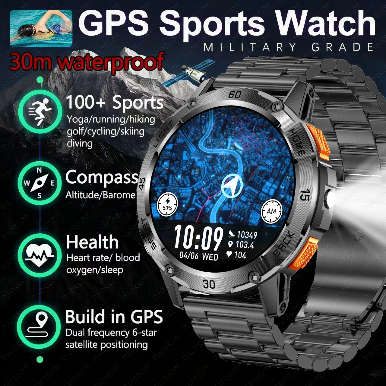 

DAORKOW2025LED Flashlight Smartwatch Men GPS Compass 100+ Sports Mode Health Monitor Men's Watch Bluetooth Call Men's Smartwatch