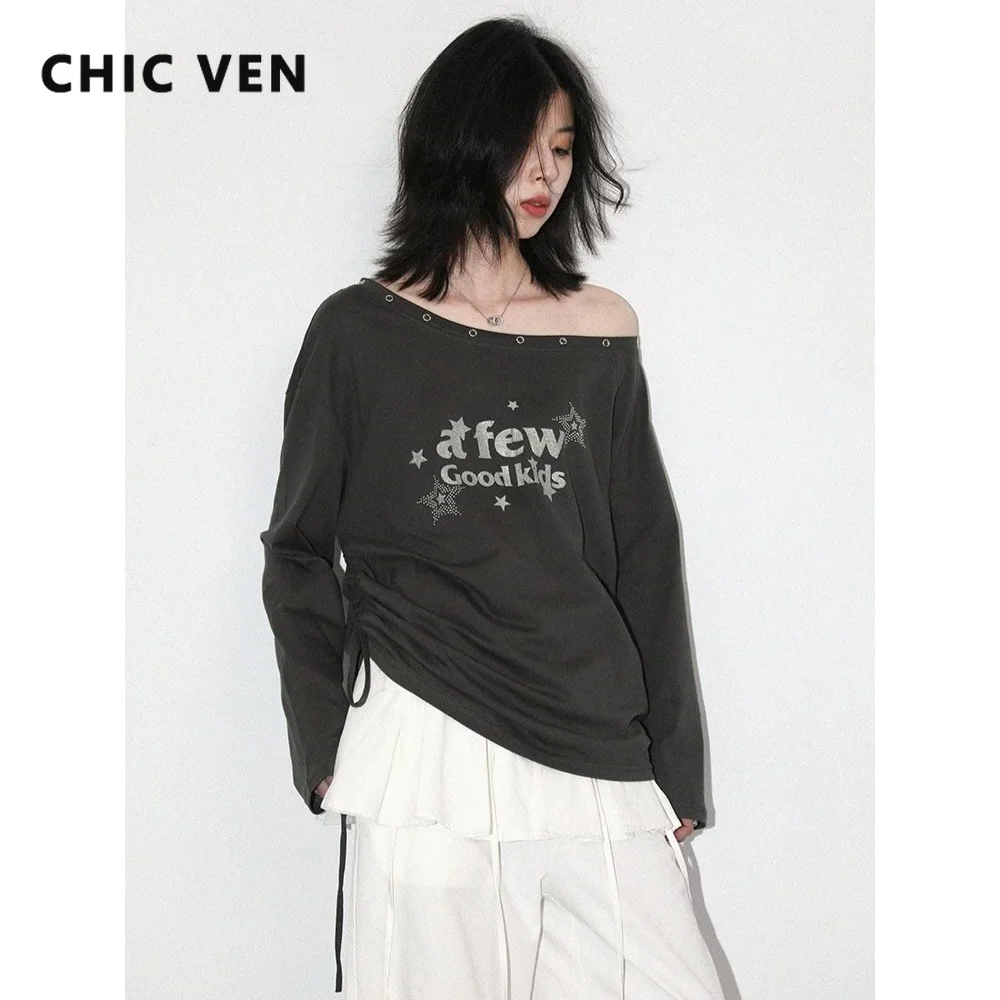 CHIC VEN Women T-Shirts New Loose Star One Collar Drawstring Cotton Long Sleeve Tees Streetwear Top for Girl Spring Autumn 2026
