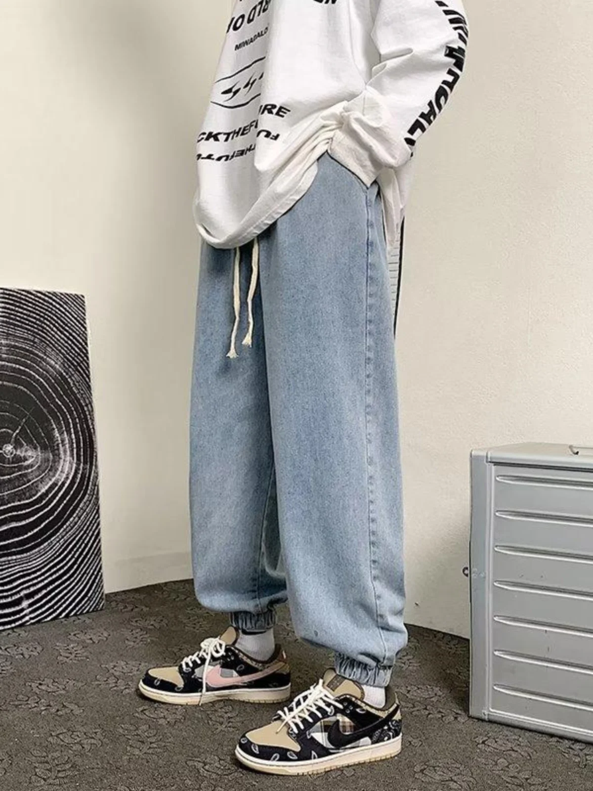 

Свободные прямые мужские джинсы с эластичной резинкой на талии в стиле хип-хоп, повседневные модные брендовые длинные брюки с девятью точками, весна-осень