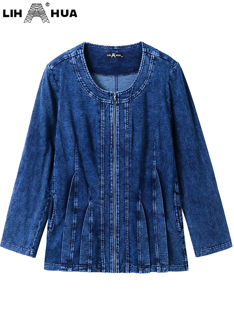 LIH HUA Women\'s Plus Size Denim Jacket Autumn Chic Elegant Jacket For Chubby Women Cotton Knitted Jacket