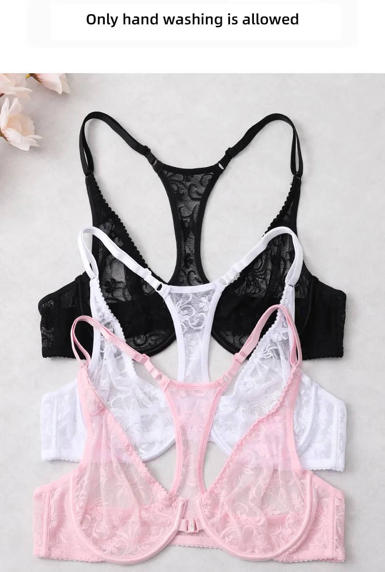 Damen-BH mit Spitze und Knöpfen vorne, Bügel-Unterwäsche, BH-Tops, elegante Stickerei, schöner Rücken, Übergröße, Dessous, Körbchengröße A B C D E F – Detail 4