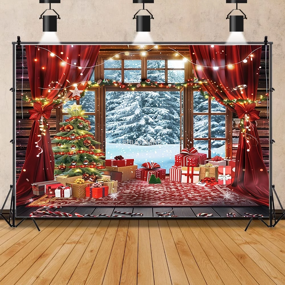 JU-05พื้นหลังประตูไม้พวงมาลัยของตกแต่งต้นไม้คริสต์มาสหน้าต่างเตาผิงพร็อพสำหรับฤดูหนาวดอกไม้วันคริสต์มาส