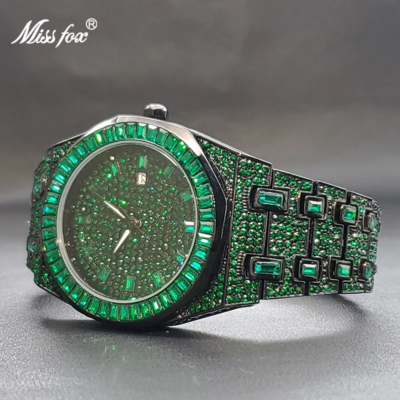 MISSFOX IED Out Green Color Diamond Men\'s Watch Luxury Calendar Waterproof Quartz Watches For Men High Quality Big Hand Clock