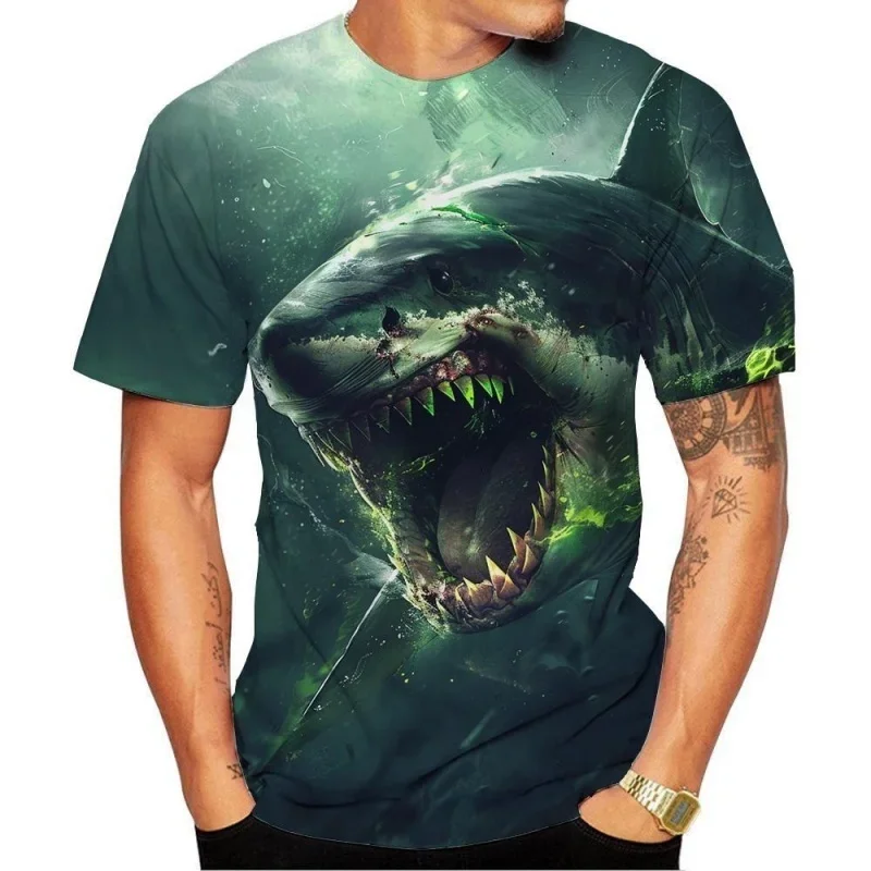 Men's Ocean Great White Shark 3D Printed T-Shirt Colorful Coral Reef Fish Crew Neck Short Sleeve Tee Summer Casual Tee Tops