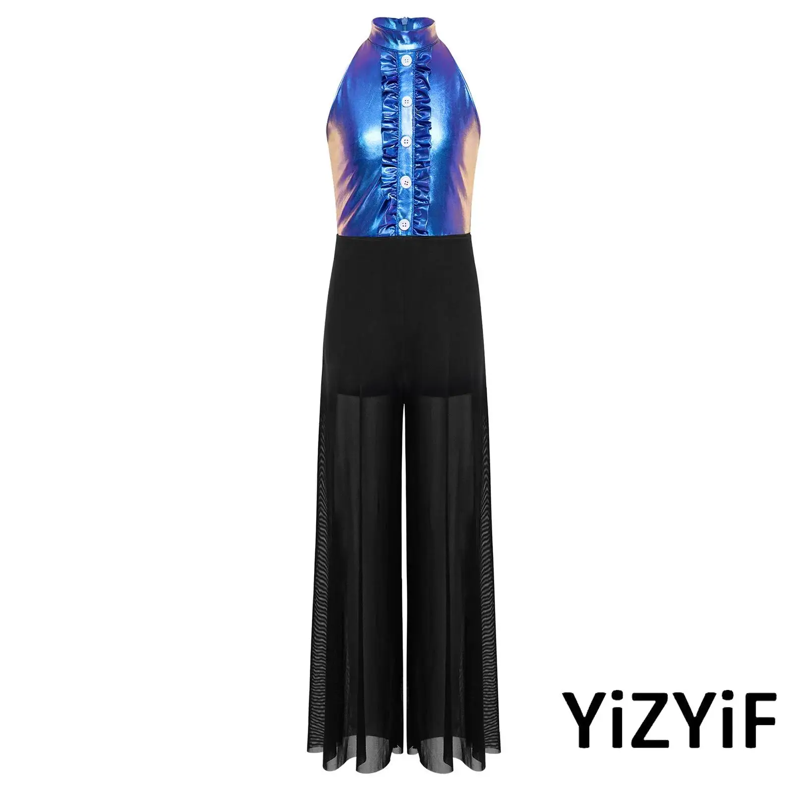 

Kids Girls Jazz Dance Jumpsuit Mock Neck Sleeveless Back Invisible Zipper Ruffles Metallic Wide-Leg Bodysuit Rompers Dance Wear