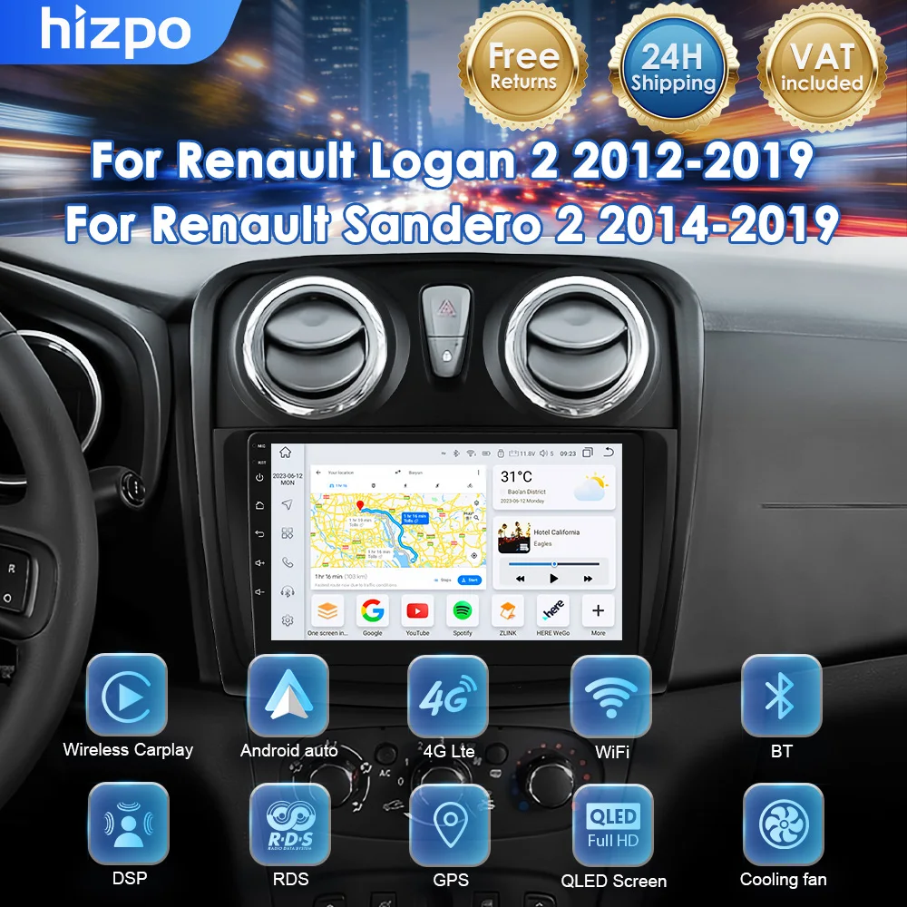 Autoradio Intelligente Hizpo 2din per Renault Logan 2 2012-2019 Sandero 2 2014-2019 con CarPlay, Android Auto, Lettore Multimediale, GPS, Controllo Vocale AI, Stereo 4G