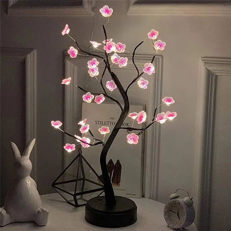 ABKQ-Table Tree Night Light USB/Battery Powered Touch Switch Artificial Bonsai Blossom Desktop Tree LED Lamp