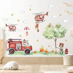 Cartoon A GrouCartoon Animal Fireman Helicopter Fire Truck Wall Stickers for Kids Room Bedroom Nursery Decoration Wall Decals