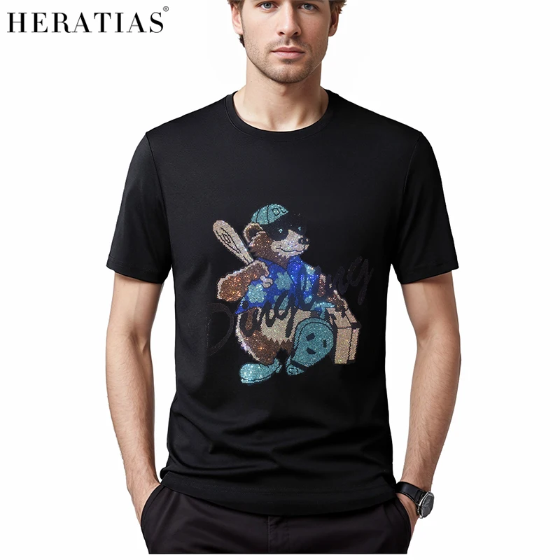 

Hot fashion men's summer short-sleeved casual T-shirt shiny diamond cute creative bear baseball drill figure comfortable T-shirt