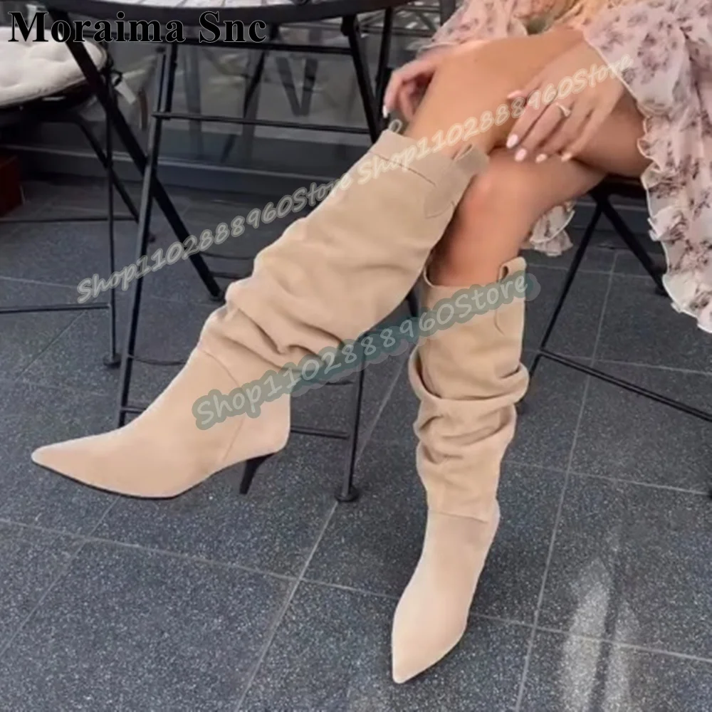 

Plus Size Knee High Apricot Suede Pleated Pointy Boots Knee High Heel Shoes For Women Slip On Pointed Toe Fashion Casual Boots