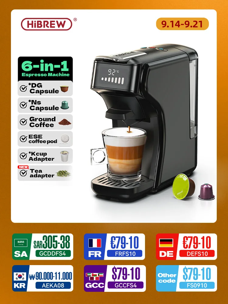 

HiBREW 6in1 Capsule Coffee Machine Hot/Cold Multiple Espresso Cafetera Cappuccino Coffee Maker Dolce Gusto Nespresso Powder H1B