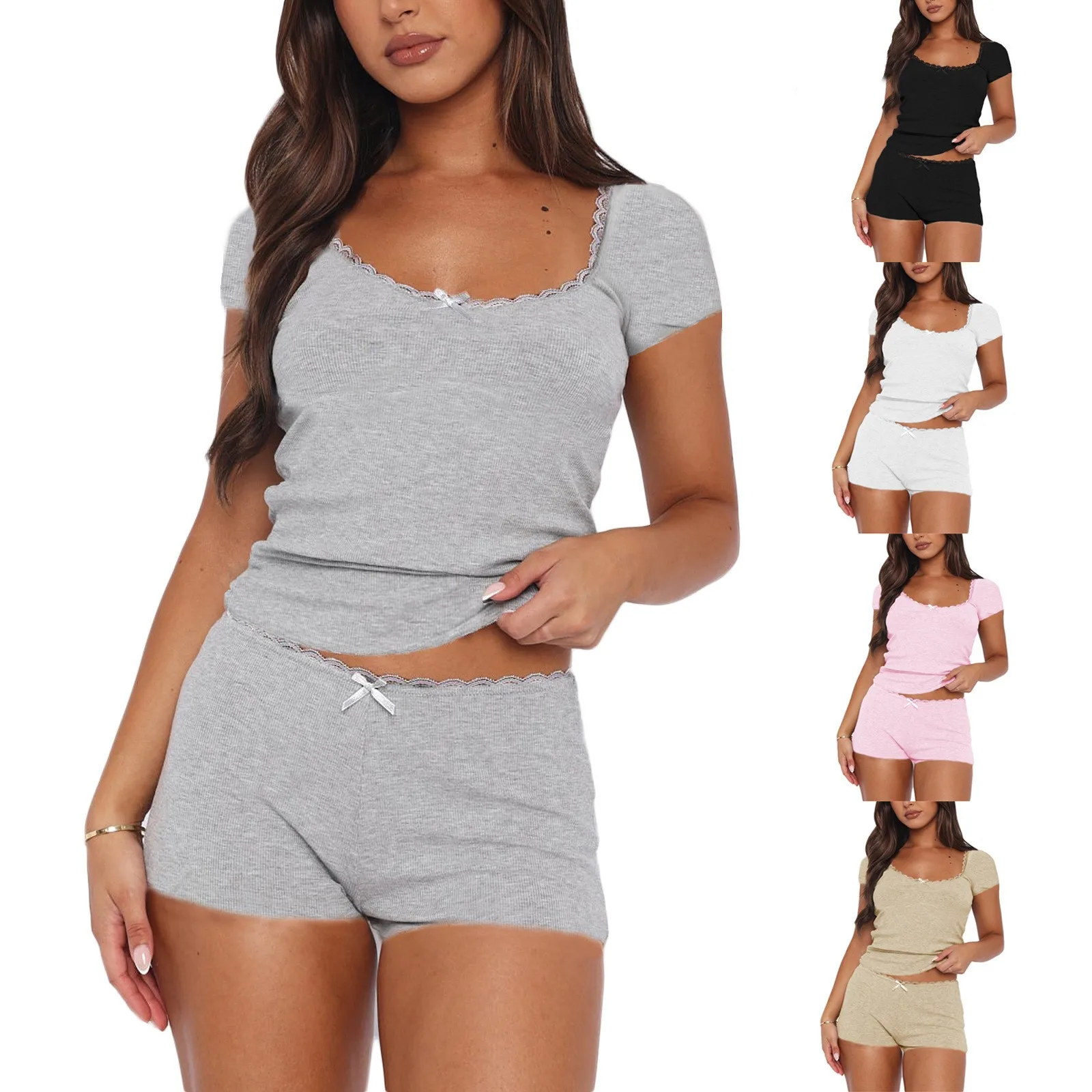 Casual Square Neck Set Simple Casual with Spring Summer Loungewear Short Pants Ruffled Sleeve Two Set for Women