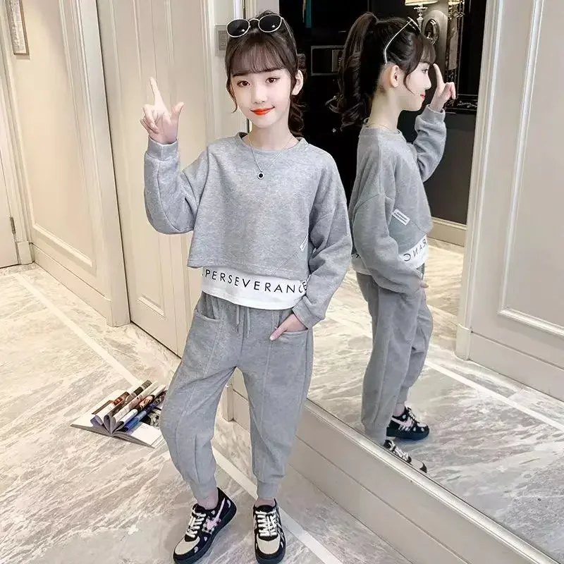 2024 autumn teenager tracksuit Gray girls Suit Clothes Long Sleeve Top sweatshirt & Legging Pants 4 6 8 9 10 12 Years Child set