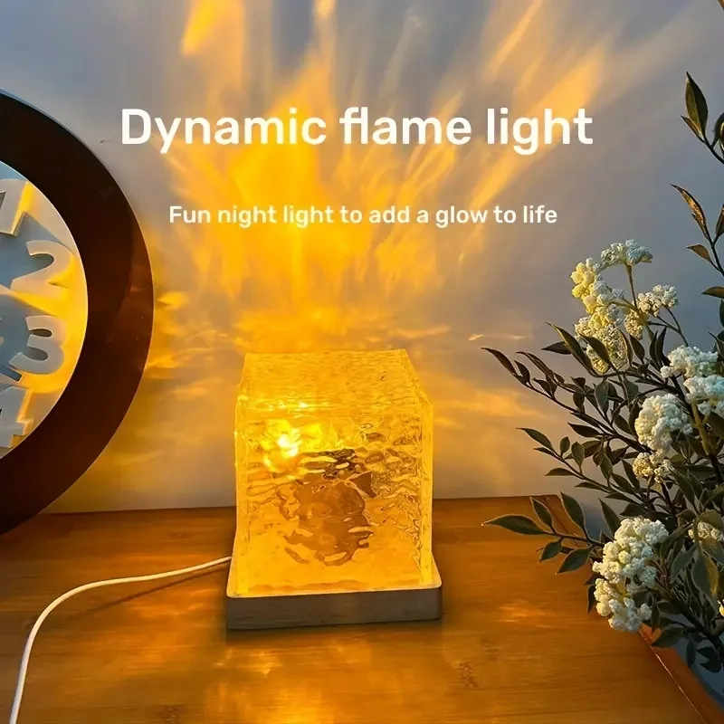 Projecteur d'ondulation de l'eau rotatif dynamique, lampe en cristal de flamme, veilleuse, salon, étude, chambre à coucher, décor de chevet, 3/16 couleurs