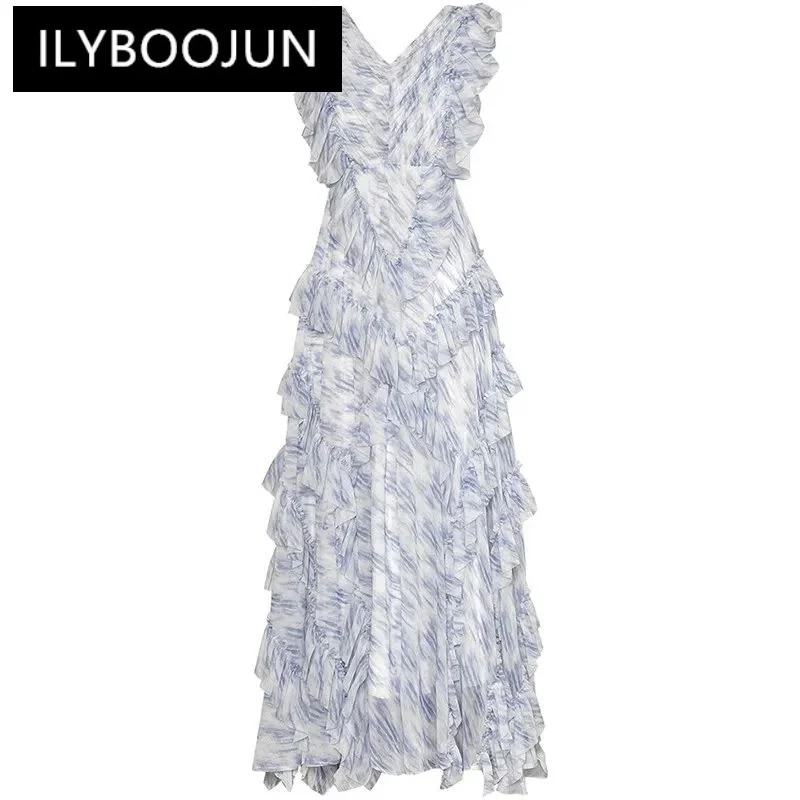 

ILYBOOJUN Fashion Women's New Vintage V-Neck Short-Sleeved Tiered Flounced Edge Elegant Chic Gown Printed Bohemian Maxi Dresses