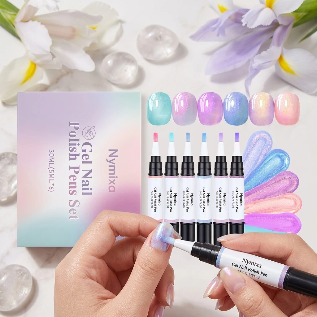 One-Step Gel Nail Polish Pens Set 6 Pearl Colors Gel Polish Set Waterproof Easy To Use DIY Nail Art Marker Pens For Beginners