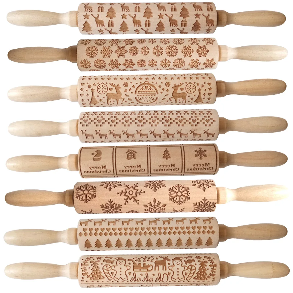 Christmas Rolling Pin with Reindeer Flower Patterns, Wooden Embossed 3D Cookie Mold Laser Engraved DIY Baking Tools Dough Roller