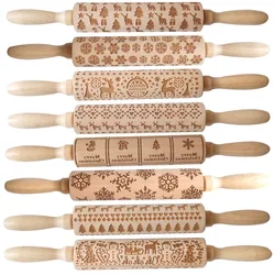 Christmas Rolling Pin with Reindeer Flower Patterns, Wooden Embossed 3D Cookie Mold Laser Engraved DIY Baking Tools Dough Roller