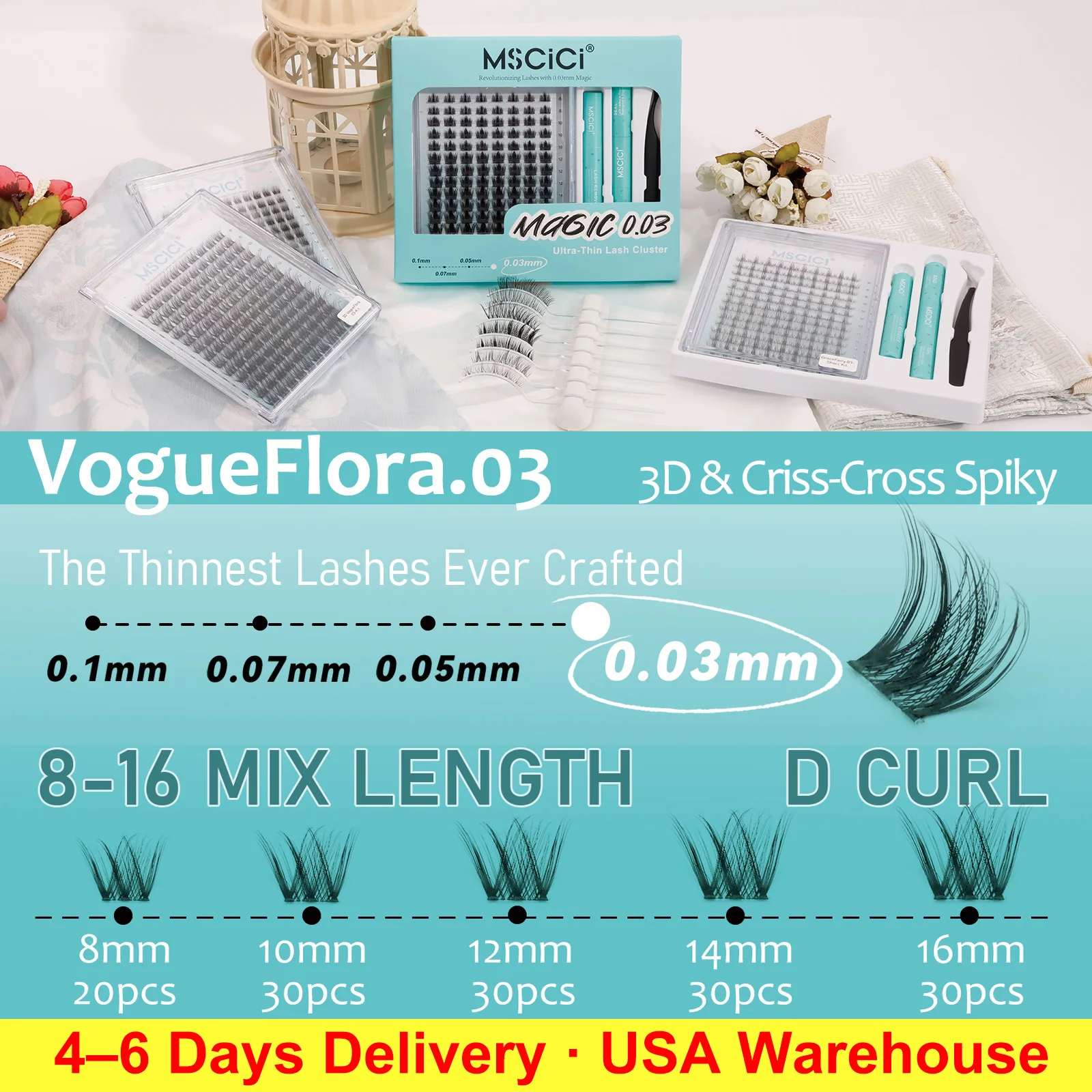 Mscici Ultra-Soft Thin Waterproof DlY Hybrid Fluffy Clusters Lashes Kit-Invisible Clear Lash Band Latex-Free 3D Effect 8-16mm