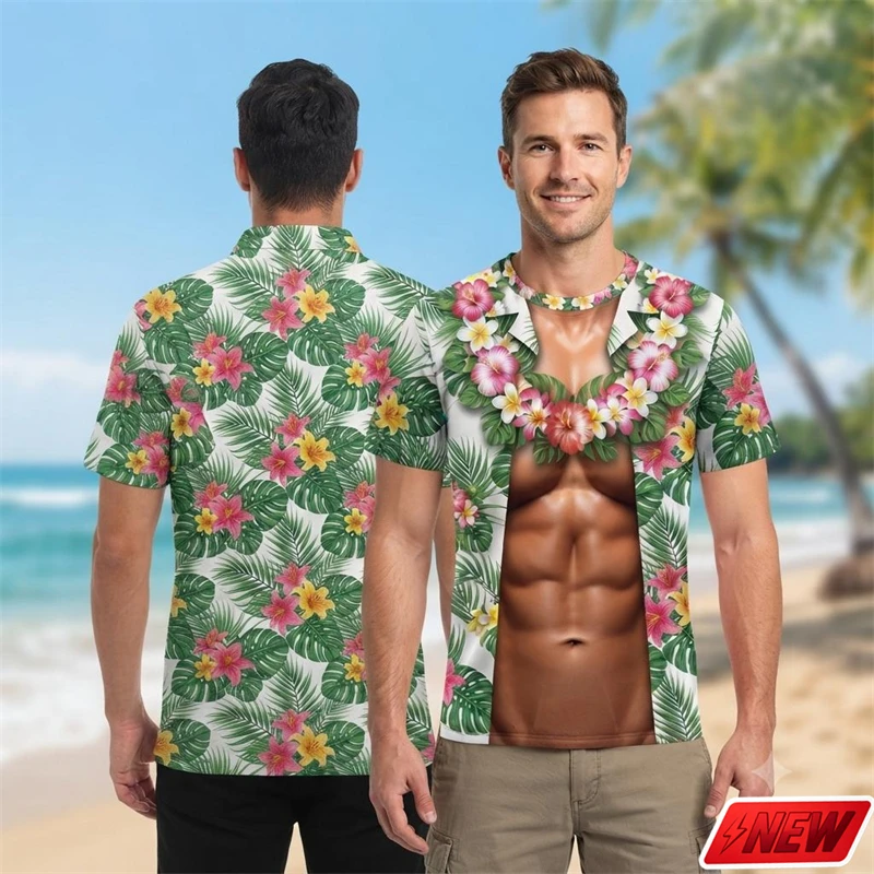 Funny Fake Abs T Shirt Men Hawaiian 3d Print Tropical Flower Leaf Pattern Short Sleeve Tee Summer Pool Beach Novelty Party Top