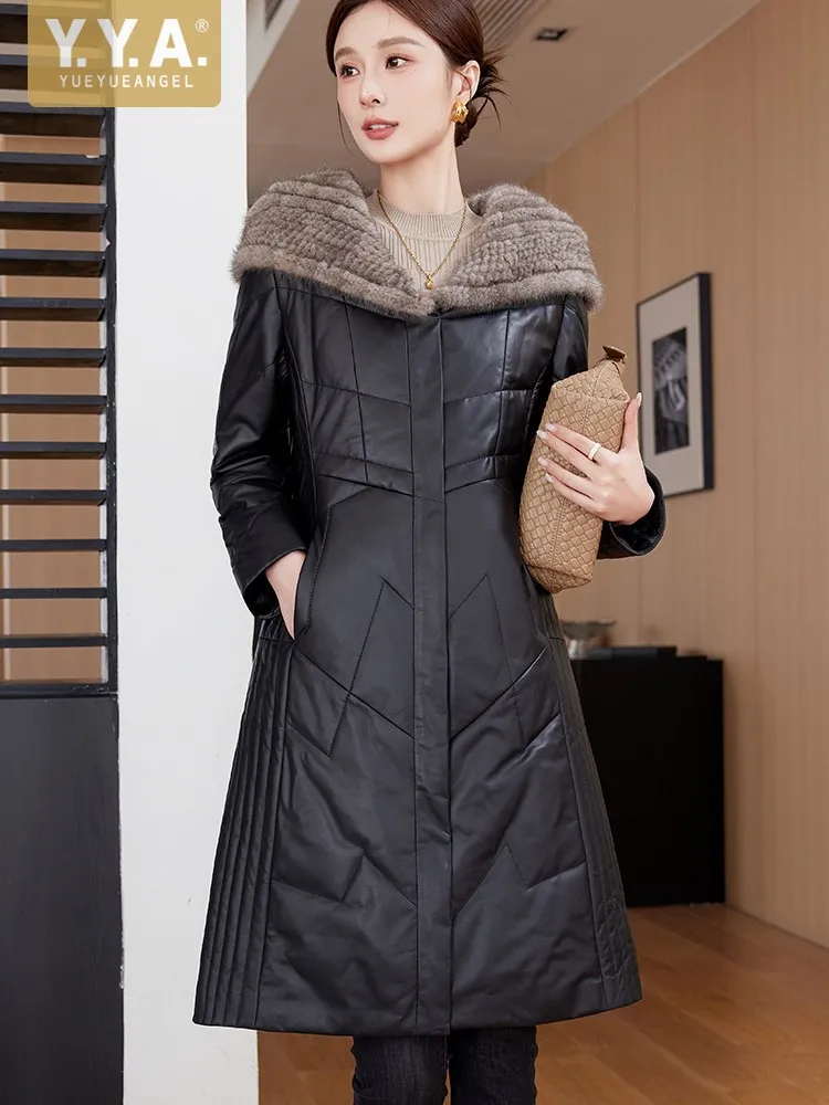 Designer Lady Genuine Leather Sheepskin Slim Fit Mink Fur Collar Hooded Mid Long Down Jacket Warm Outwear Trench Coat Windbreake