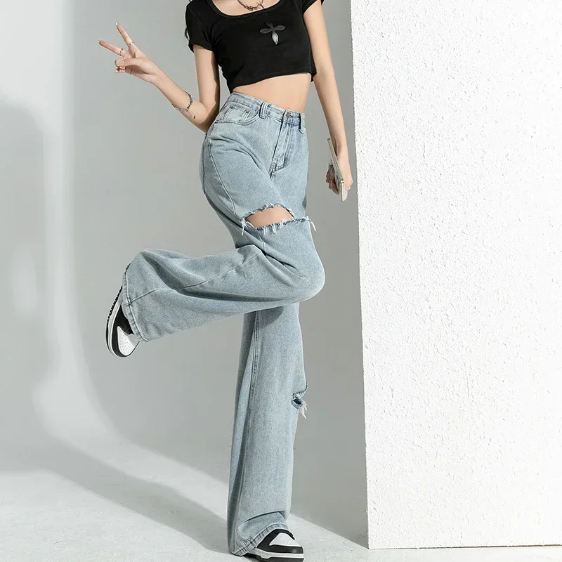 2024 neue Herbst Schwarz Zerrissene Breite Bein Hosen für Frauen Hohe Taille Gerade Bein Jeans High Street Stil Denim Hosen